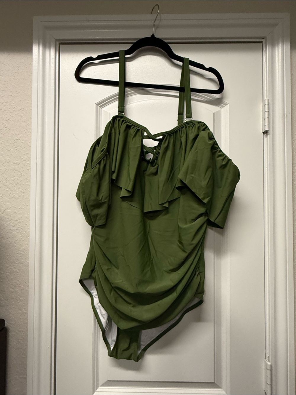 NWT Olive Green Ruffle One Piece Swimsuit Off Shoulder Strappy Back - Picture 2 of 8